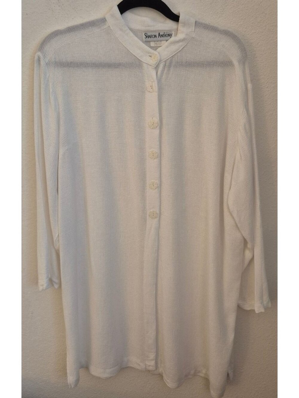 Vintage Sharon Anthony Oversize White Tunic Top Shell Buttons 3/4th Sleeve EUC